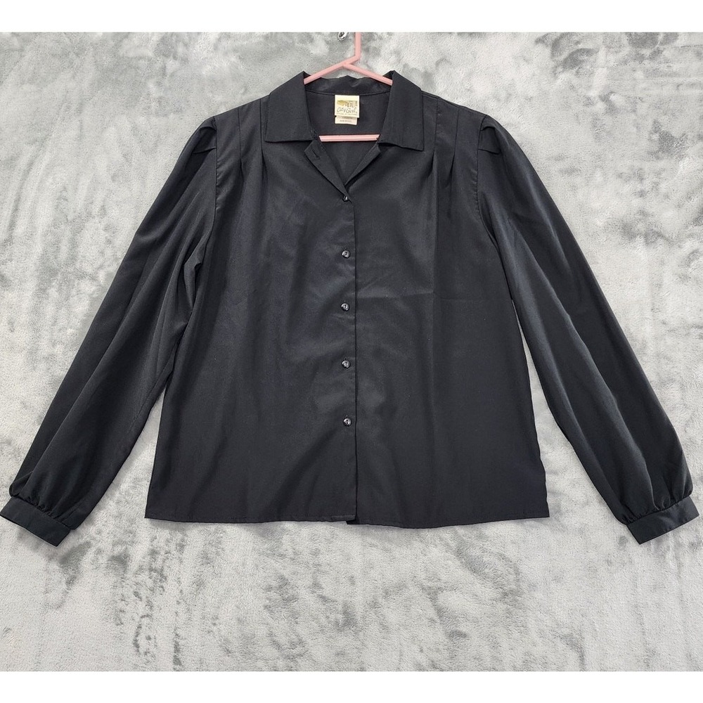 Vintage City Girl Top Womens M‎ Black Silky Polyester Long Sleeve Button Up 70s